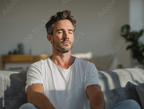 Serene Contemplation: A man sits calmly, eyes closed, bathed in the soft light of introspection and peace within a modern, well-lit room. 