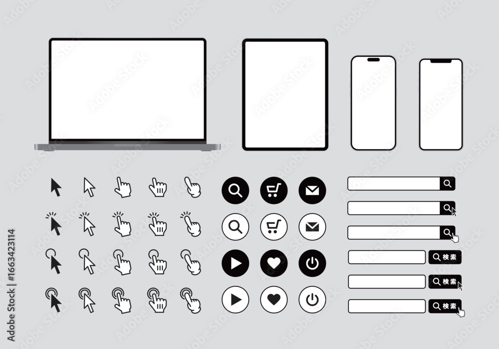 Obraz premium デジタルデバイスのボタンをクリックする矢印や指先のアイコンセット