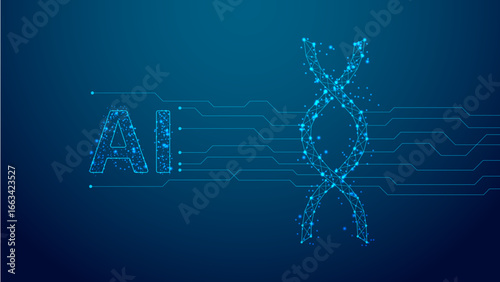 AI DNA code background with glowing blue polygonal wireframe double helix and futuristic biotechnology artificial intelligence technology design