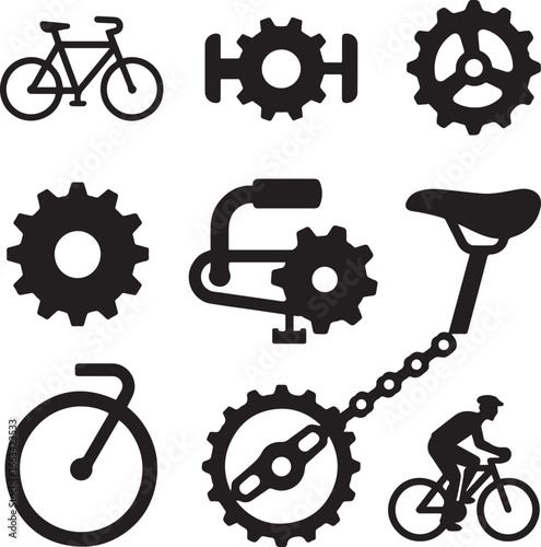Bicycle mechanics and cycling sports equipment vector graphic set with isolated bike parts for manual assembly and design