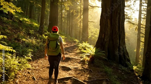 Serene Forest Hike with Sunlight Filtering Through Towering Trees for Nature Exploration Enthusiasts
