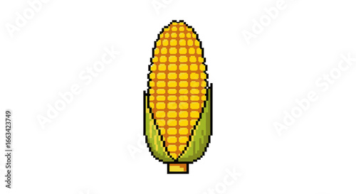 A classic 8-bit pixel art icon of an ear of corn with golden yellow kernels. Retro video game style vegetable graphic isolated on a white background