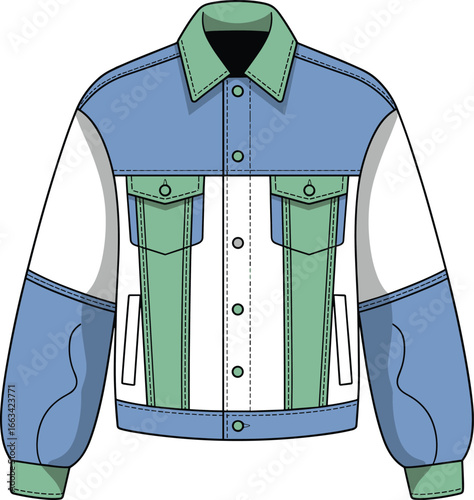 CAD drawing flat vector illustration of denim jacket, button front, green chest pockets, panel design, stylish fashion layout, outerwear template