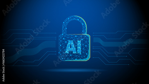 Artificial intelligence AI cybersecurity background with glowing blue polygonal wireframe padlock and futuristic digital data protection technology design