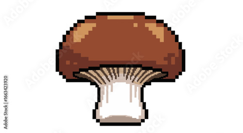 Pixel art icon of a single brown champignon mushroom with detailed gills isolated on a white background