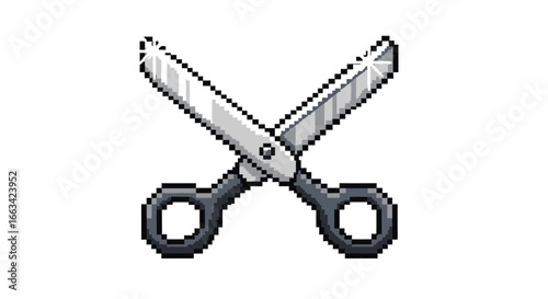 Pixel art scissors icon with a detailed design, featuring blades and handles, perfect for cutting tasks on white background