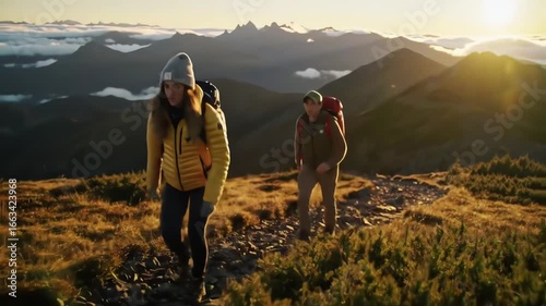 Hikers Trekking Through Mountain Trail During Sunrise with Panoramic Landscape View