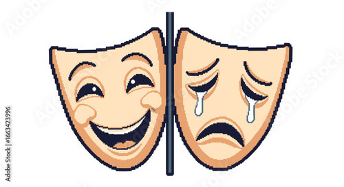Pixel art icon of classic theatrical masks representing comedy and tragedy, a smiling face and a crying face on a white background