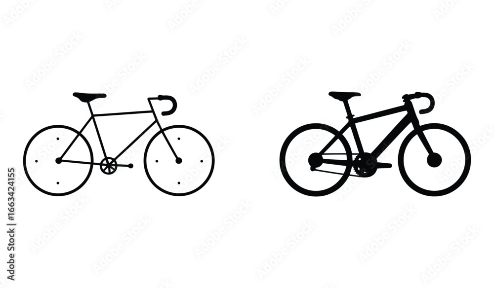 Fototapeta premium WebVector art of two bicycles are depicted side by side, one in a simple outline and the other in a solid black silhouette, , showcasing different design styles for cycling enthusiasts