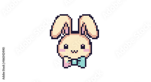 Adorable Pixel Art Kawaii Bunny Icon with Pastel Bow Tie on White Background