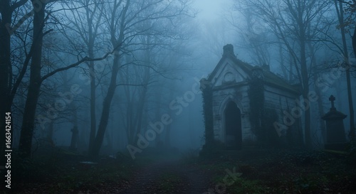 A fogshrouded graveyard scene featuring a stone mausoleum bare trees a dirt path and a crosstopped tomb
