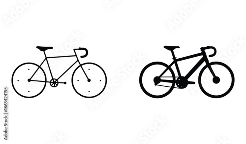 WebVector art of two bicycles are depicted side by side, one in a simple outline and the other in a solid black silhouette, , showcasing different design styles for cycling enthusiasts
