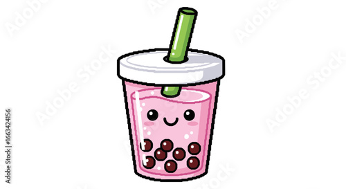 Kawaii Bubble Tea Cup with Pearls, Pink Drink, and Smiley Face Illustration