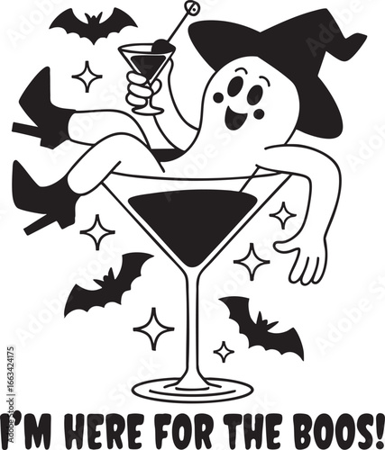 Ghost in martini glass with witch hat and bats halloween, ghost, halloween, martini, glass, witch, hat, bats, spooky, cute, funny, holiday, celebration, costume, black and white, illustration, graphic