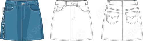 Denim Skirt CAD Flat Sketch Vector Template - Front Slit Detail & Structured Layout