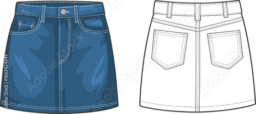 Denim Skirt CAD Flat Sketch Vector Template - Structured Silhouette (Front & Back Views)

