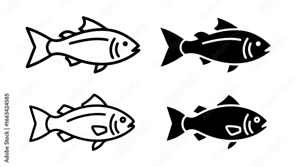 Fototapeta premium A collection of four fish icons, featuring both black outline and solid silhouette styles, isolated on a clean white background.