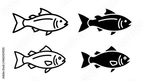 A collection of four fish icons, featuring both black outline and solid silhouette styles, isolated on a clean white background.