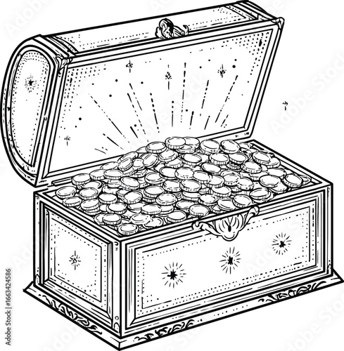 Illustration of an open treasure chest overflowing with gold coins and sparkling stars inside the lid