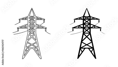 Set of two electricity pylon icons, one outline and one solid silhouette, isolated on a white background. Vector illustration of a power transmission tower.