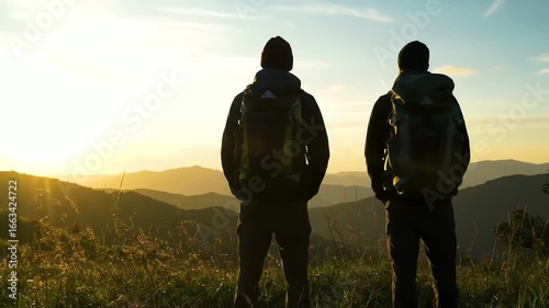 Two hikers observing a scenic sunset in a peaceful mountain landscape during twilight