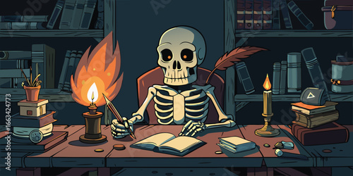 Scholarly Skeleton, A creative illustration of a skeleton in a library, diligently writing in a book with a quill pen by the warm, flickering light of a candle.