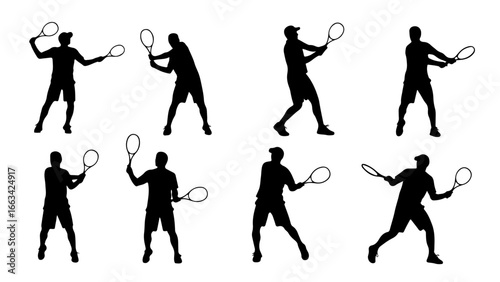 Set of black silhouettes of a male tennis player in various action poses, isolated on a white background.