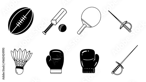 Set of Black and White Sports Equipment Icons Featuring Rugby, Cricket, Badminton, and Fencing on a White Background