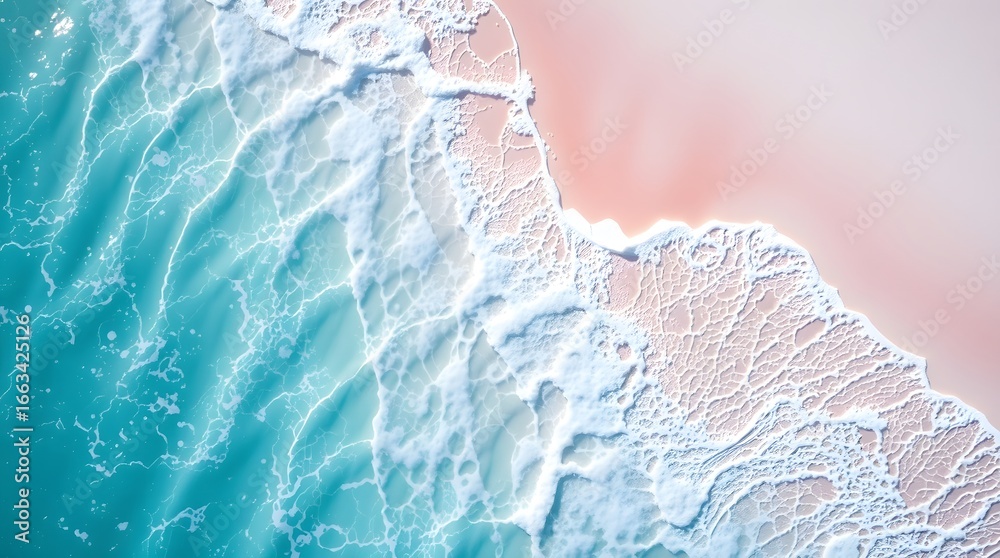Naklejka premium Aerial seascape of turquoise ocean waves crashing on pastel pink sandy beach with foamy textures