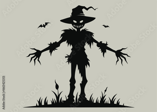 A menacing scarecrow silhouette stands amidst a grassy field, accented by bats.