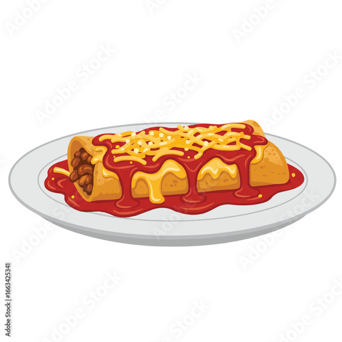 A savory Mexican enchilada smothered in vibrant spicy red chili sauce and gooey melted cheese, presented on a white plate in a detailed flat vector illustration.