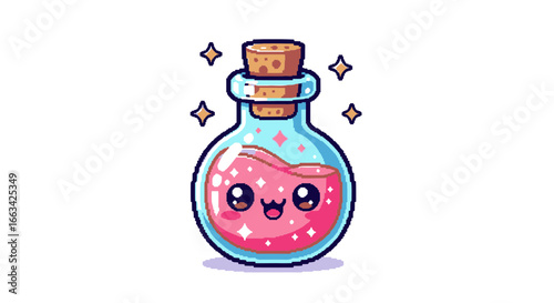 Pixel Art Kawaii Magic Potion Bottle Icon with Happy Face and Sparkles on White Background