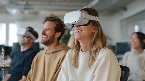Immersive Technology Experience: A group of individuals are engaged in virtual reality. The scene is filled with a sense of wonder and excitement.