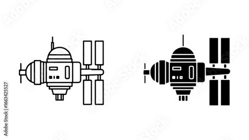 Minimalist Space Station Icon Set Featuring Line Art and Solid Glyph Styles, Isolated on a White Background