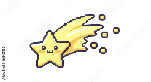 Adorable Pixel Art Shooting Star with Kawaii Blushing Face, Pastel Icon on White