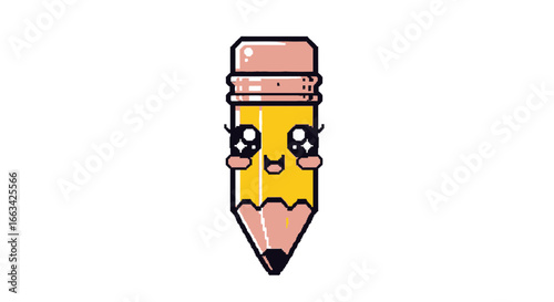 Kawaii Pencil Icon with Sparkly Eyes and Blushing Cheeks on White Background