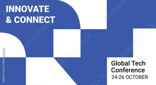 Technology. Conference. Corporate. A modern blue and white geometric vector banner or presentation slide template for a tech event, a business summit, or a corporate brand identity kit.