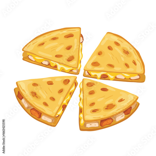Vibrant flat style vector illustration of a delicious chicken and cheese quesadilla, cut into triangular slices and brimming with melted cheese, isolated on a clean white background.