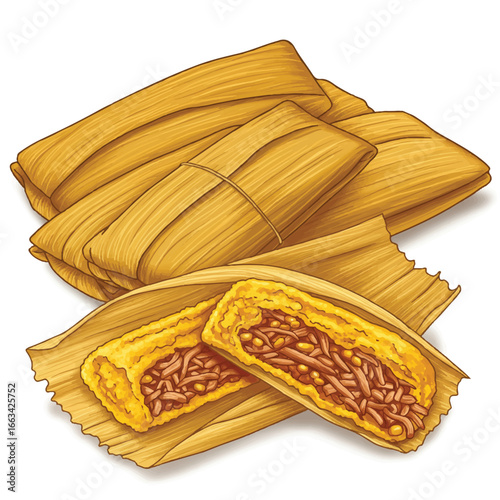 Vibrant vector illustration of traditional Mexican tamales wrapped in corn husks, with one unwrapped showcasing delicious corn dough and savory meat filling, isolated on a clean white background.