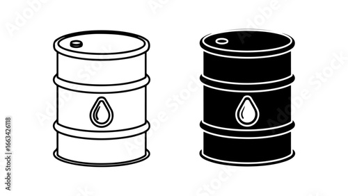 Oil barrel icons in outline and silhouette styles. Vector illustration of fuel drums with a liquid drop symbol, isolated on a white background.
