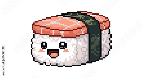 Delightful pixel art kawaii sushi roll icon with a cheerful, wide smile and pastel fish topping on white
