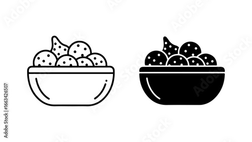 Snack Bowl Icon Set with Round Bites and a Chip, in Outline and Solid Styles