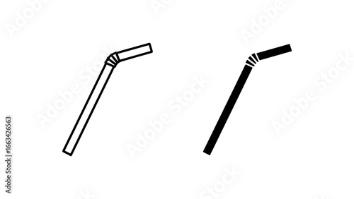 Two Drinking Straw Icons, Line Art and Solid Silhouette, Isolated on a White Background