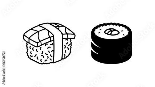 Minimalist black and white illustration of nigiri and maki sushi, isolated on a clean white background