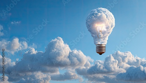 Fototapeta Naklejka Na Ścianę i Meble -  A lightbulb made of clouds floats in a vibrant blue sky