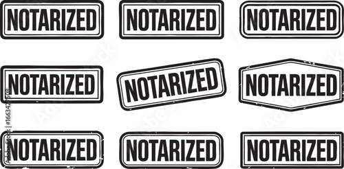 Notarized stamp variations in black and white seal, notarized, stamp, seal, official, document, legal, certification, verified, authentic, approved, signature, paperwork, business, finance, government