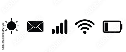 WebVector art of mobile phone status bar icons sun, mail, signal, wifi, and battery symbols for device settings and wireless connection indicators