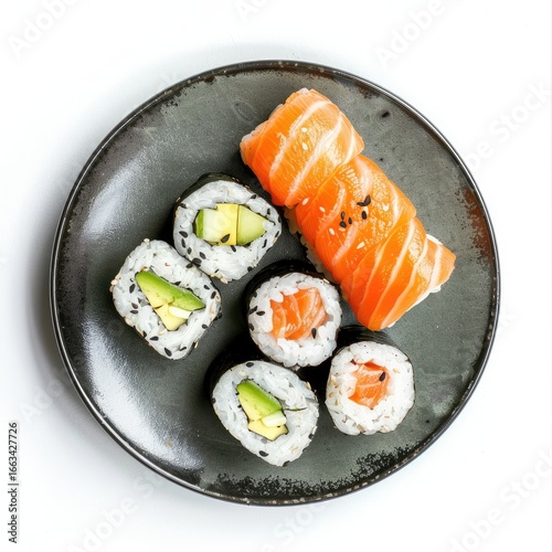 Top-down view of sushi assortment on dark gray plate