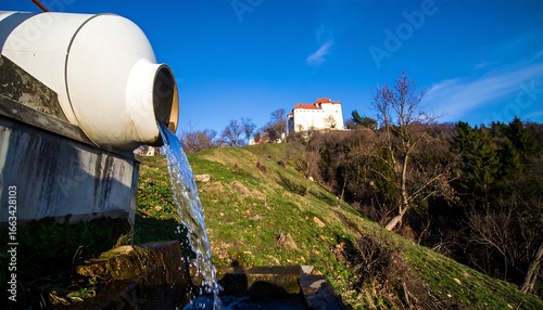 Wallpaper Mural Water flows from a white pipe onto a hillside Torontodigital.ca
