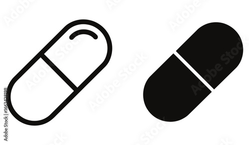 WebIllustration of two capsules, one outlined and one filled, , representing medication, treatment, or pharmaceutical products for health and wellness purposes